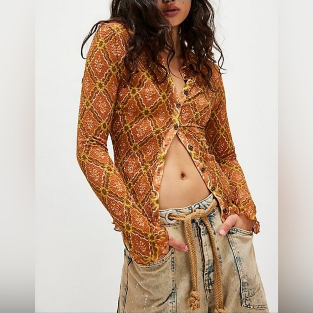 Free People Burnt Orange & Yellow Diamond-Print Button Down Top